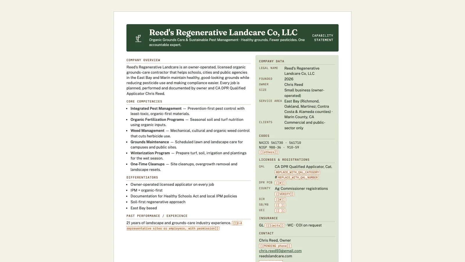 Preview of the Reed's Regenerative Landcare one-page capability statement.